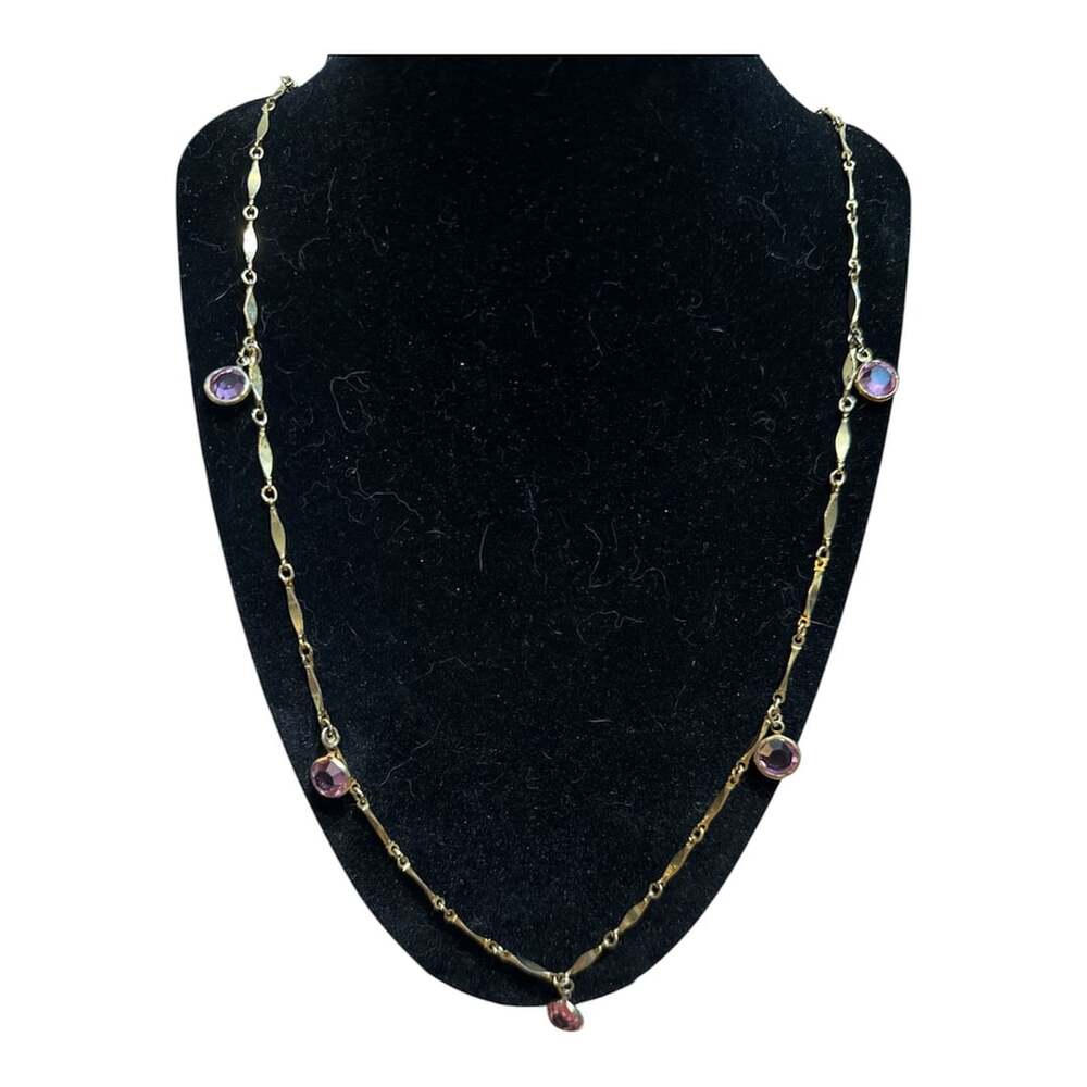Vintage Gold Plated Amethyst Station Necklace with Pink Gemstones